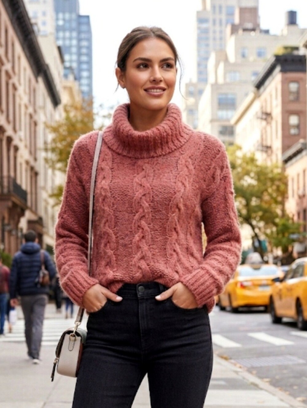 Freshman Fuzzy Cable Knit Cowl Neck Sweater Salmon Pink Size Small